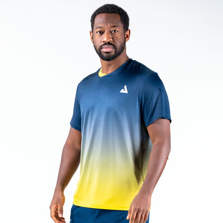 White background, image showing a male  model wearing a two tone blue and yellow JOOLA Table Tennis competition shirt.
