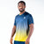 White background, image showing a male  model wearing a two tone blue and yellow JOOLA Table Tennis competition shirt.