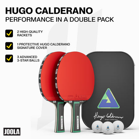 Table tennis paddle set with red paddles, black cover, and three balls on a white background, featuring Hugo Calderano branding.