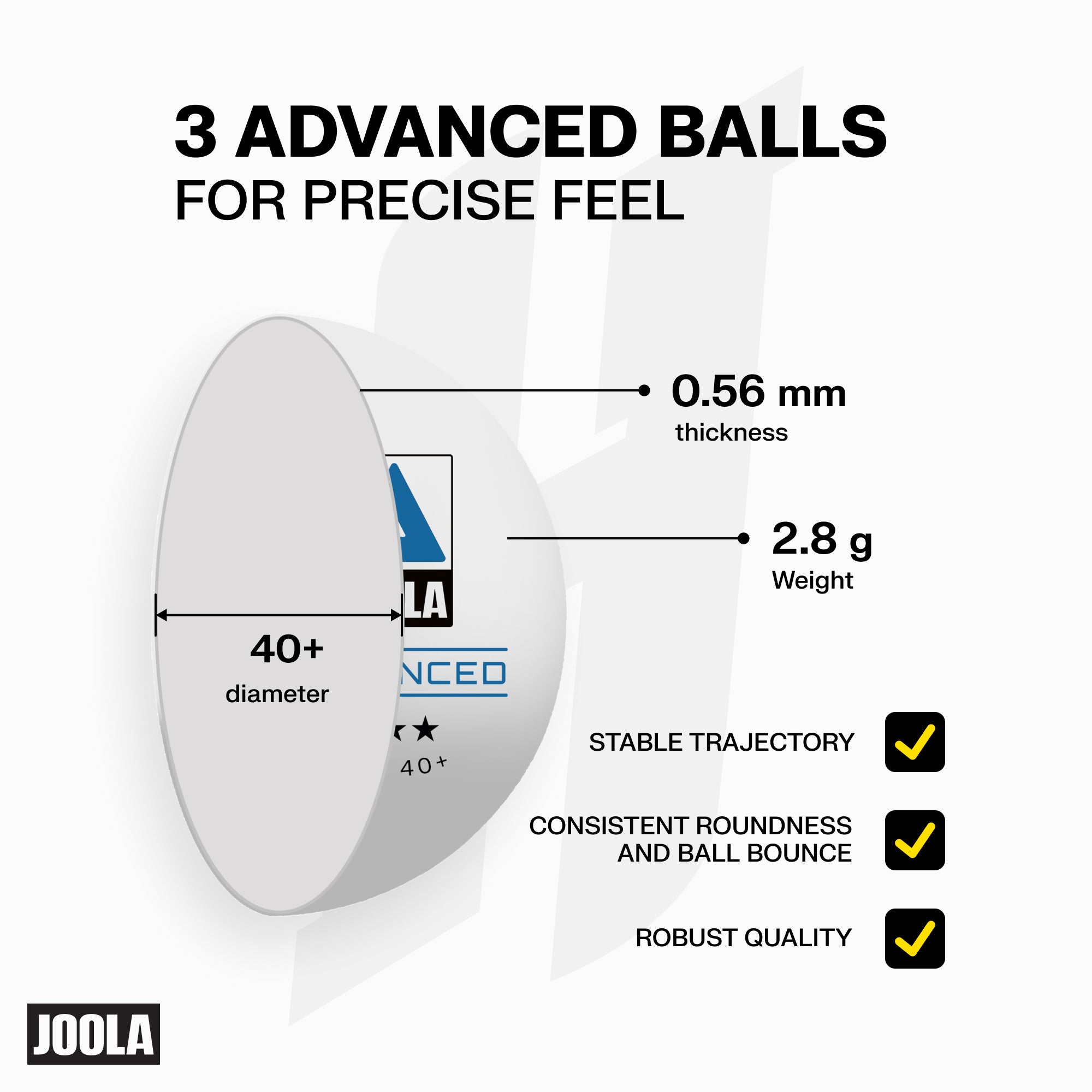 Diagram of a JOOLA advanced table tennis ball with specifications and features.