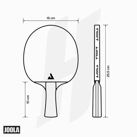 White background, image showing the product specs for the JOOLA x Hugo Calderano table tennis racket.