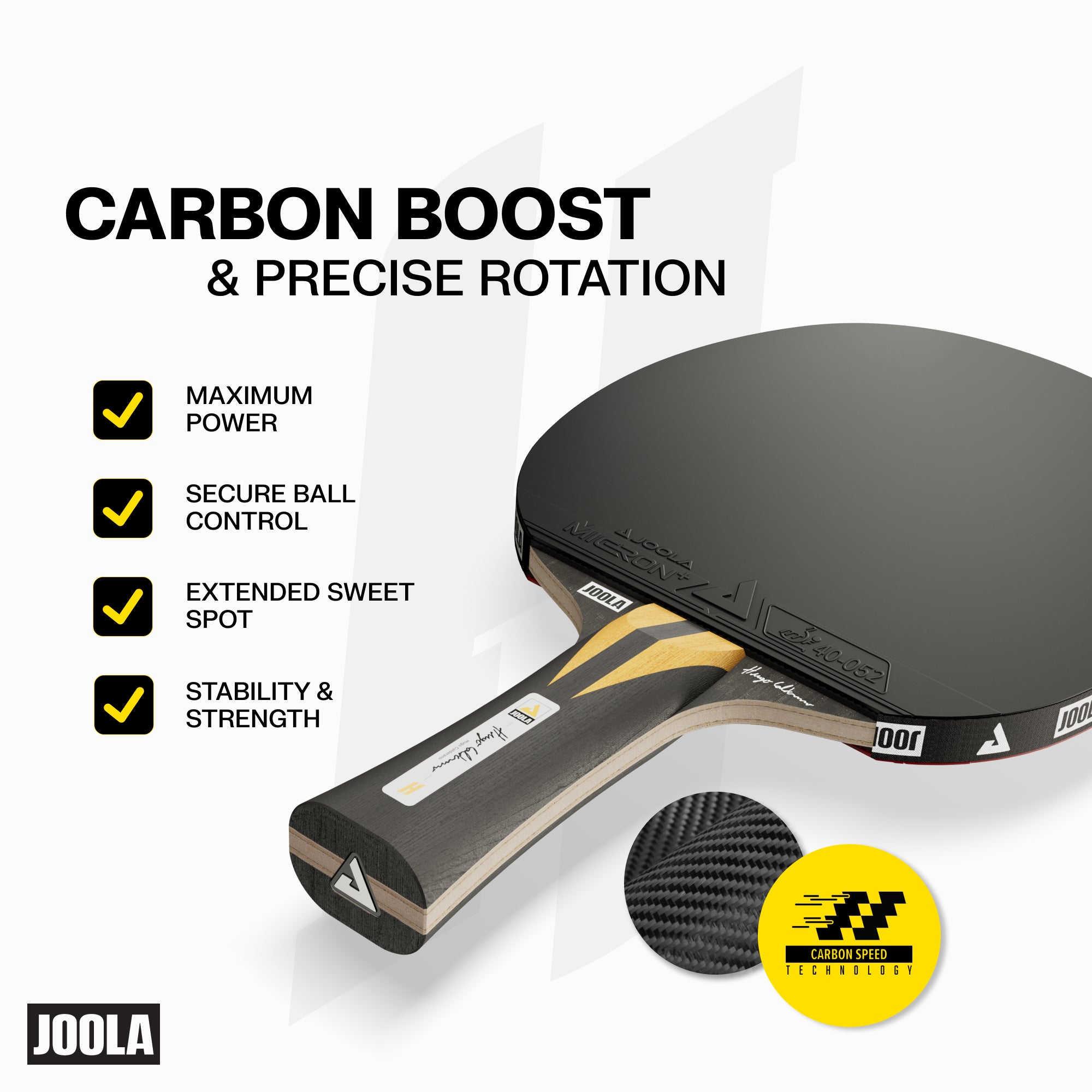 Inforgraphic showing the Carbon Boost and Precise Rotation features of the JOOLA Table Tennis racket.