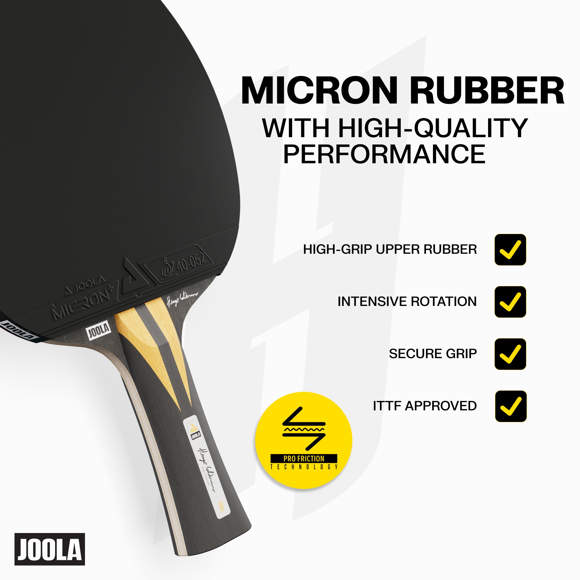 Infographic for talking about the performance benefits of the Micron Rubber on a JOOLA Table Tennis Racket.