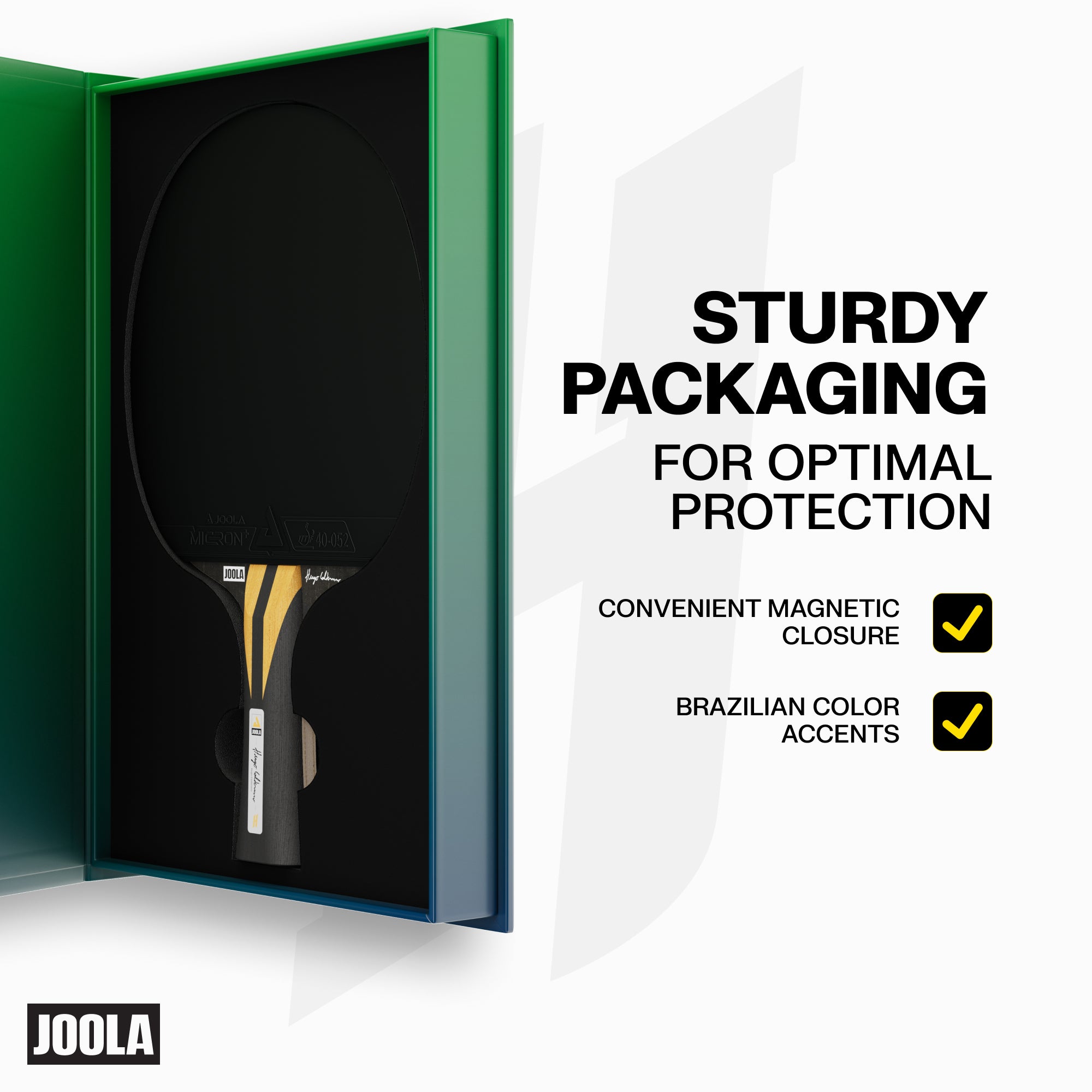 Infographic of the surdy packaging of the JOOLA Hugo table tennis racket.