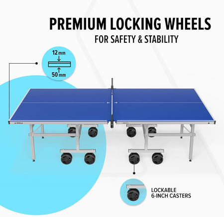 Table tennis table with locking wheels highlighted on a white background