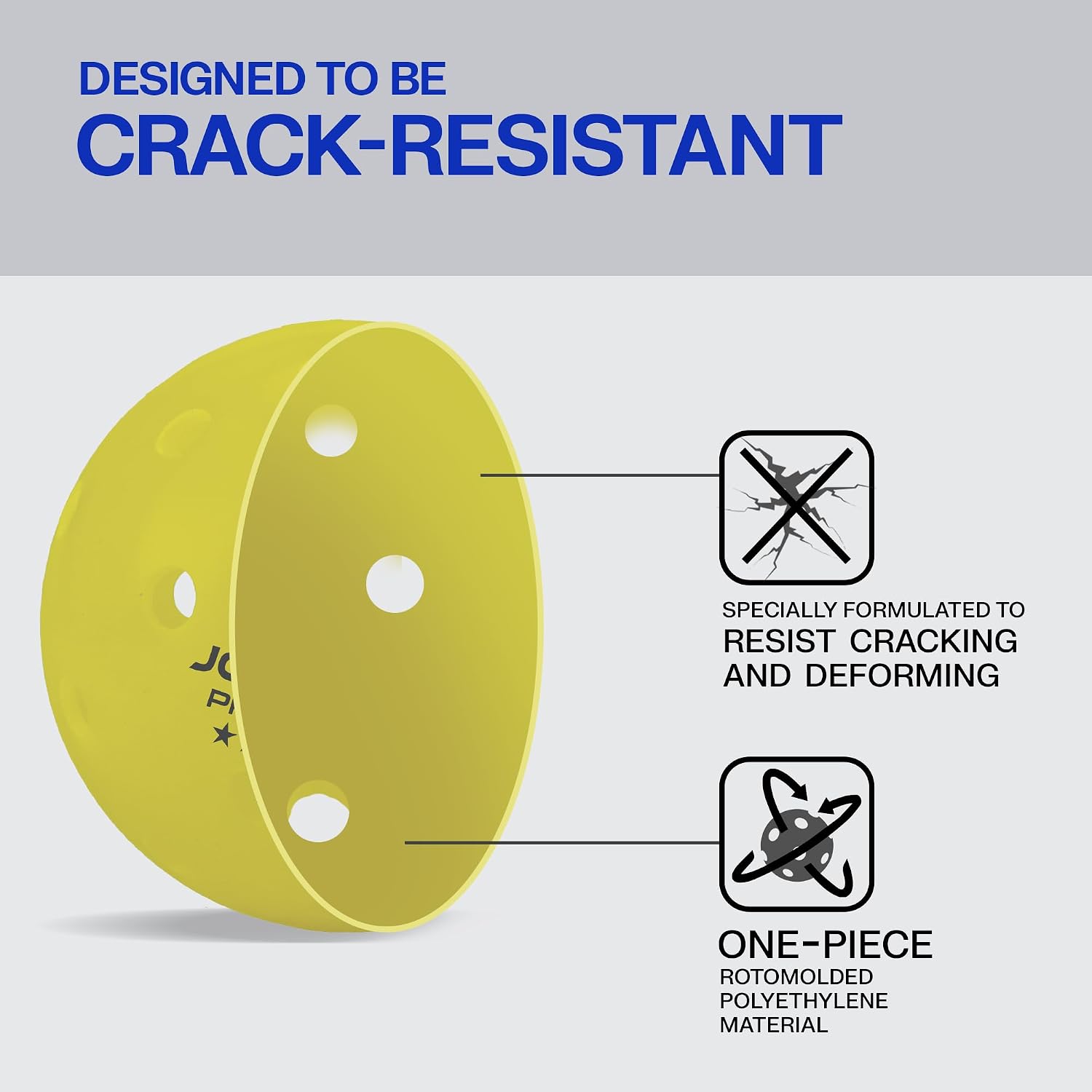 JOOLA Primo ball infographic with the text Designed to Be Crack-Resitant.