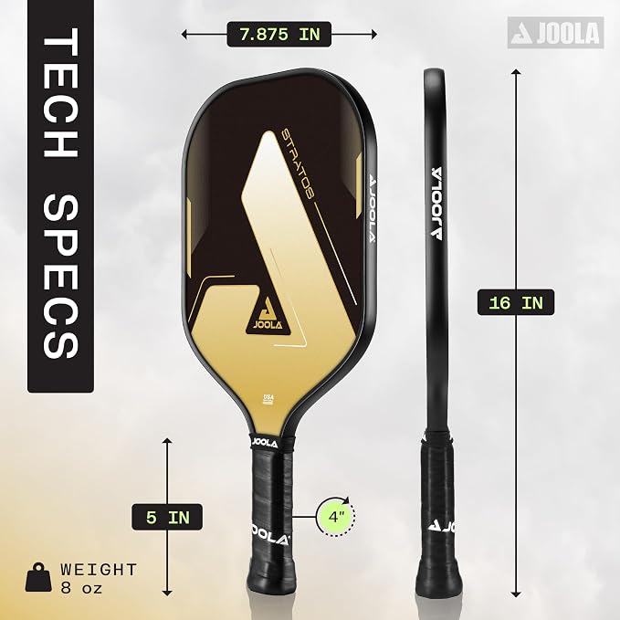 JOOLA inforgraphic with the Tech Specs for the JOOLA Stratos Pickleball Paddle.