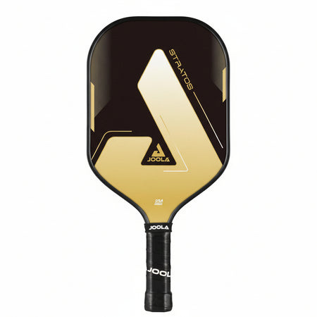 White background, product image showing the JOOLA Stratos pickleball paddle, gold and black colorway.