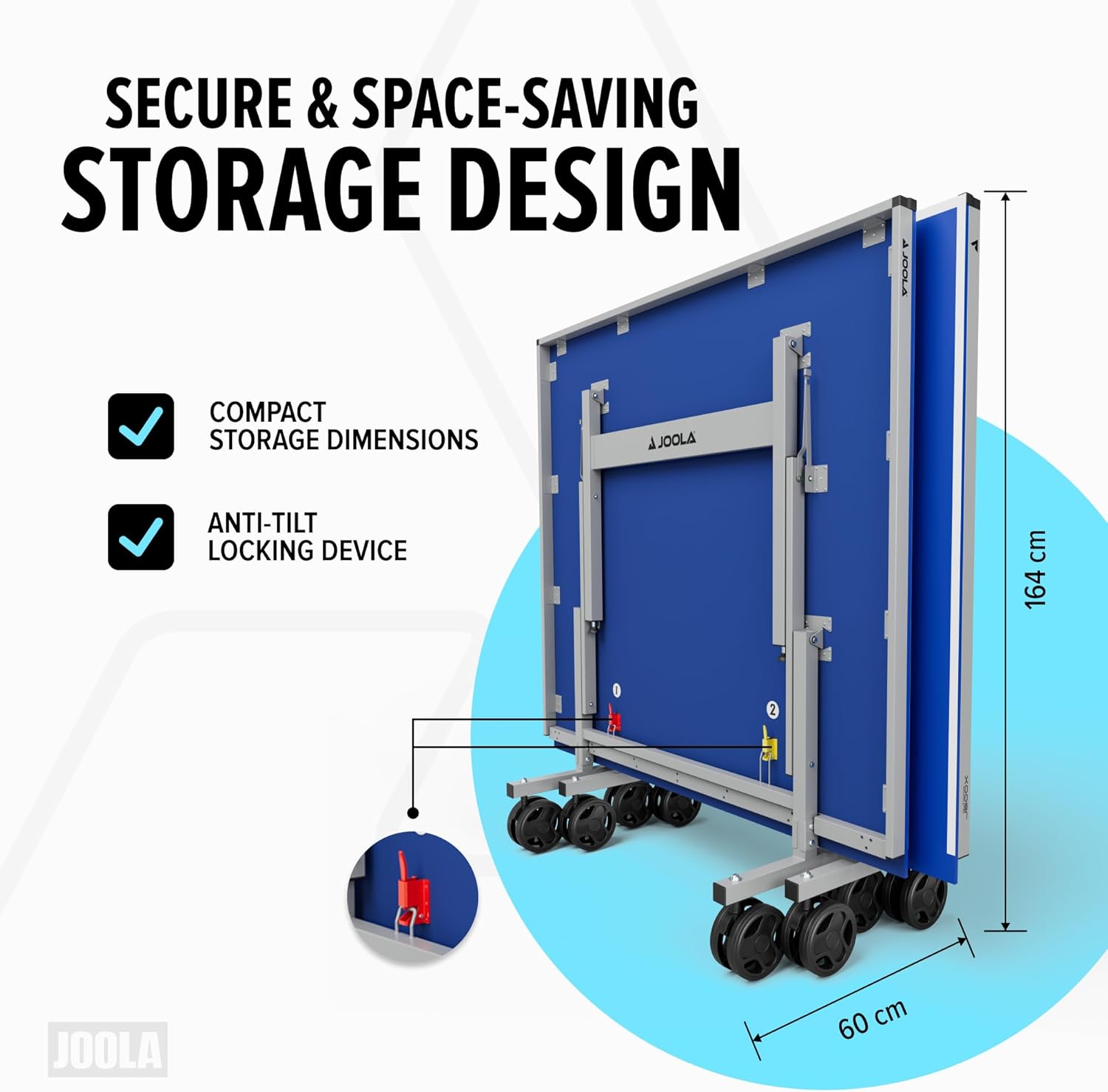 Folded Outdoor JOOLA Table Tennis Table showing the compact storage design.