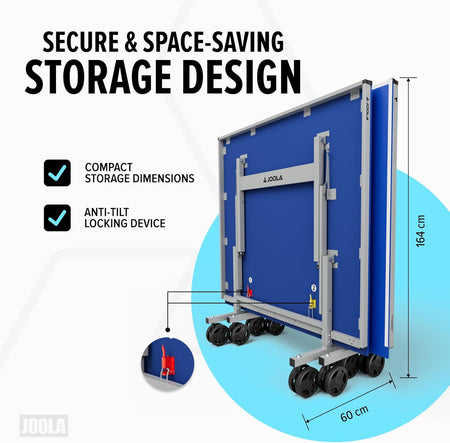 Folded Outdoor JOOLA Table Tennis Table showing the compact storage design.