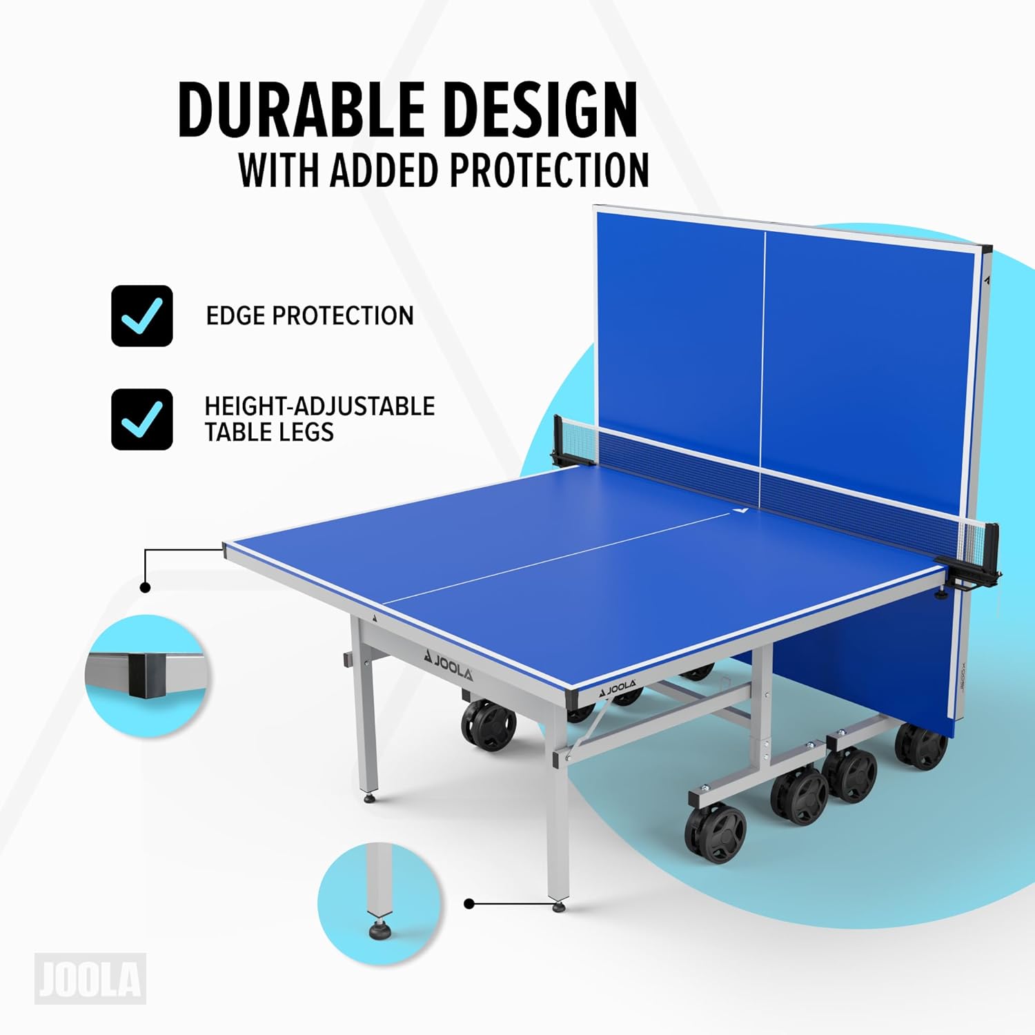 Blue table tennis table with features highlighted on a white background
