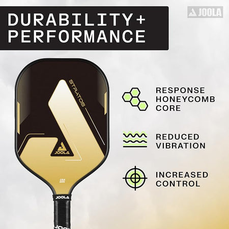 JOOLA inforgraphic talking about the Durability and Perforamance aspects of the JOOLA Stratos pickleball paddle.