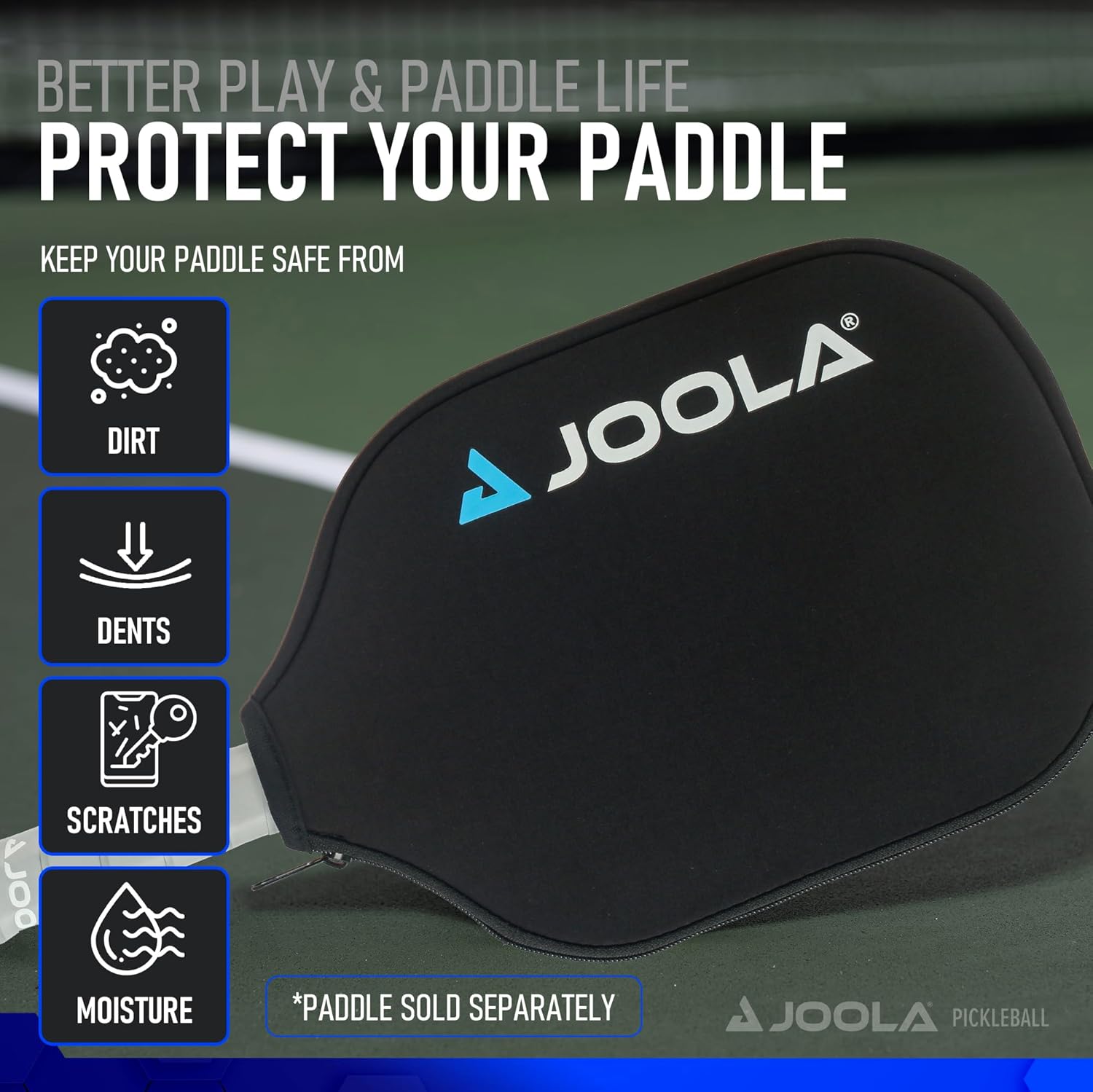 JOOLA paddle cover with JOOLA branding on a pickleball court background.