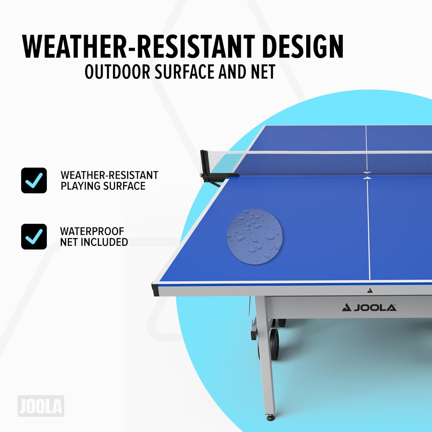 JOOLA outdoor table tennis table with weather-resistant design features on a white background.