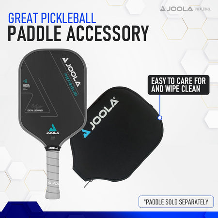 JOOLA pickleball paddle and cover on a white background with text about care and product details.
