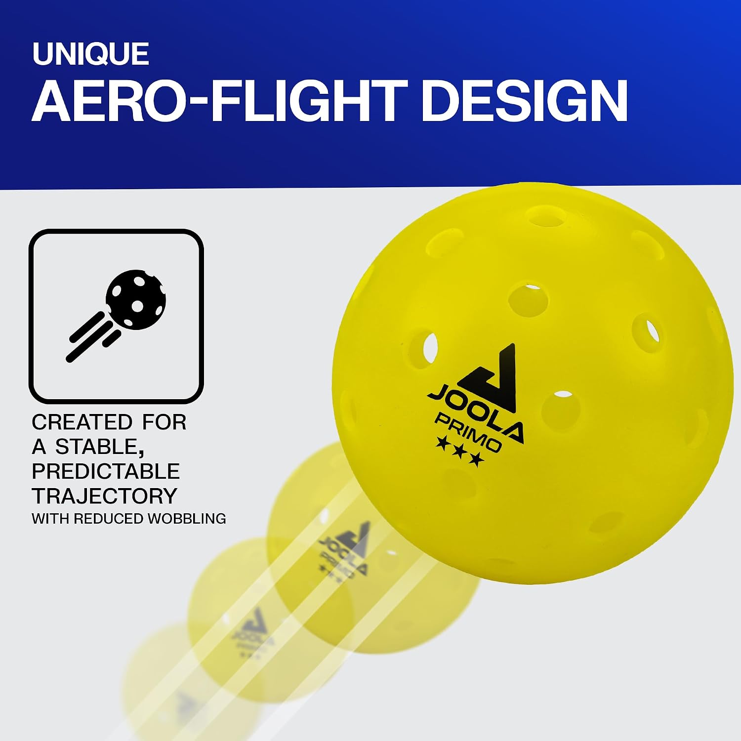 Infographic, for the JOOLA Primo ball that has a Unique Aero-Flight Design.