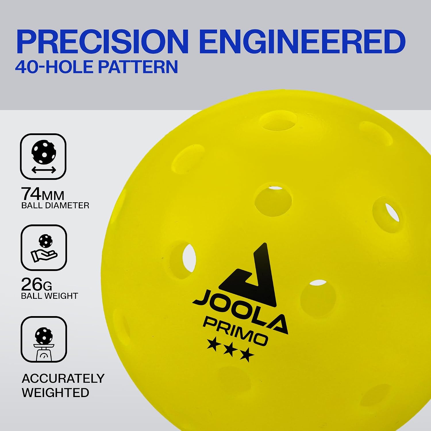 Yellow JOOLA Primo 40-hole pattern Primo ball with black logo, shown on a light gray background with product feature icons and text.