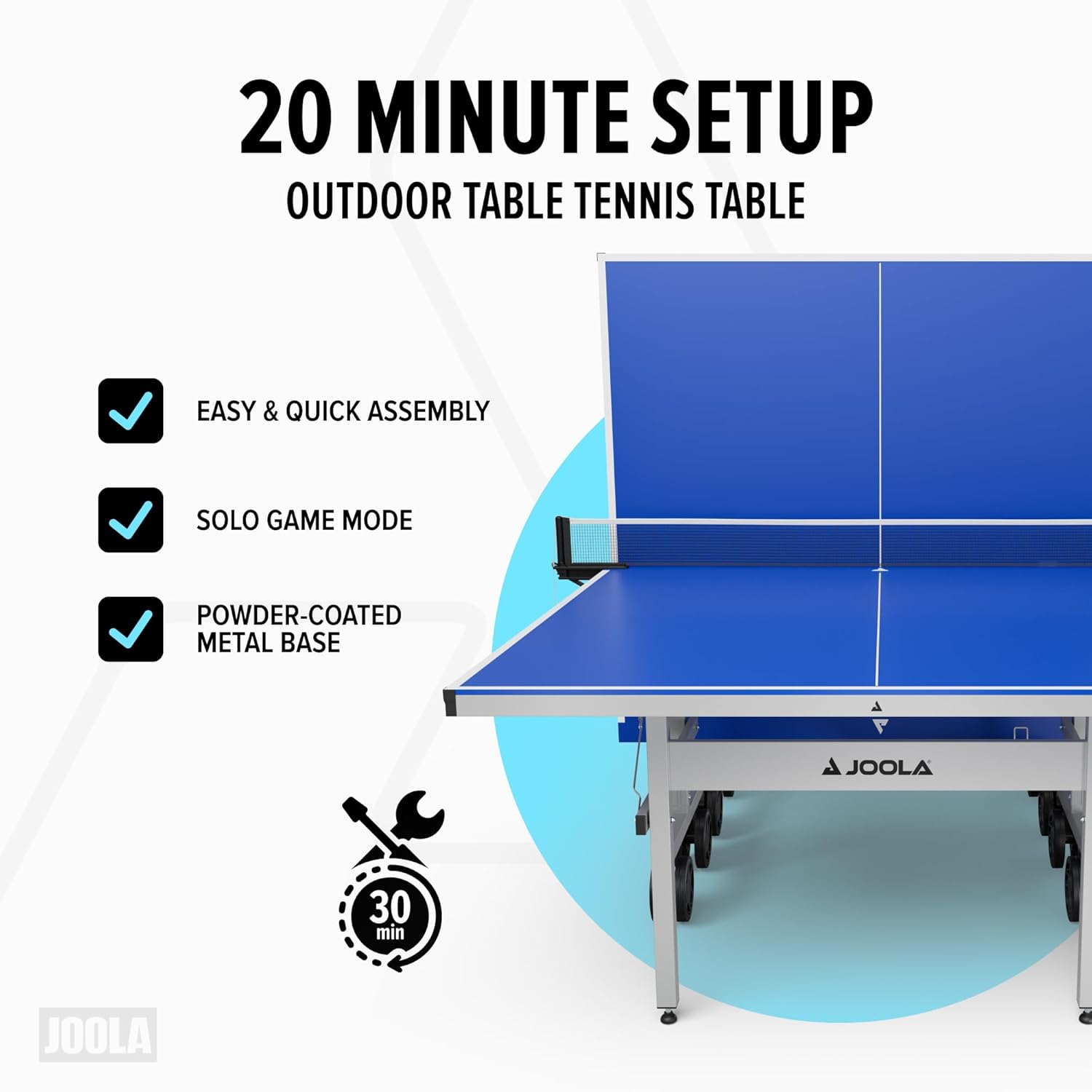 Blue table tennis table with assembly and feature text on a white background