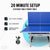 Blue table tennis table with assembly and feature text on a white background