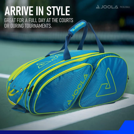 Blue and neon yellow JOOLA pickleball bag with multiple compartments, shown on a pickleball court with promotional text overlay.