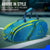 Blue and neon yellow JOOLA pickleball bag with multiple compartments, shown on a pickleball court with promotional text overlay.
