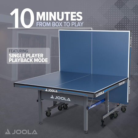 Infographic image showing the JOOLA Tour 2500 table tennis table that says it takes 10 minutes from box to play.