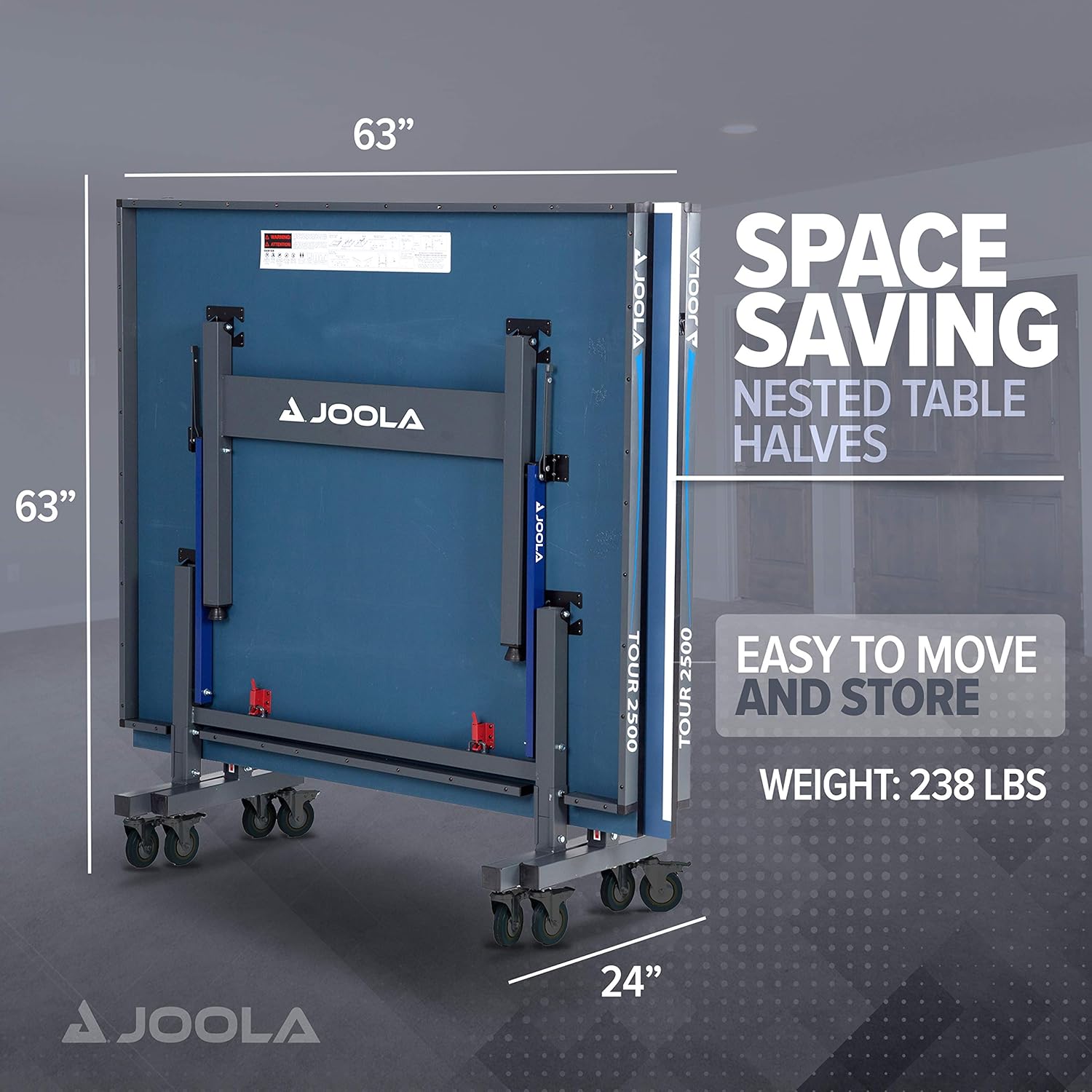 Infographic of the JOOLA Tour 2500 table tennis table. The image shows the table folded and upright and has the size specs and weight specs.