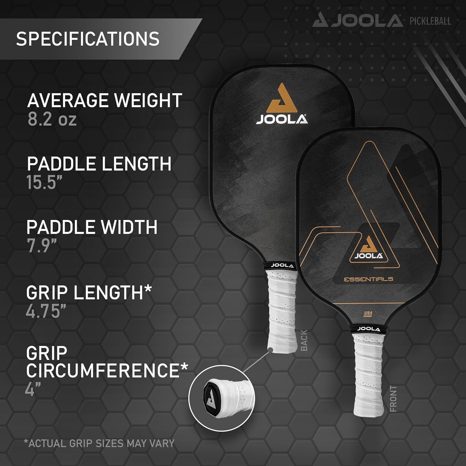 Paddle specs for the JOOLA Essentials pickleball paddle.
