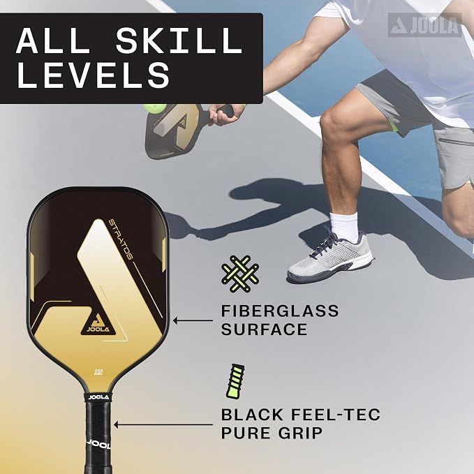 JOOLA Inforgraphic with the text 'All Skill Levels' with a fiberglass surface, and black feel-tec pure grip.