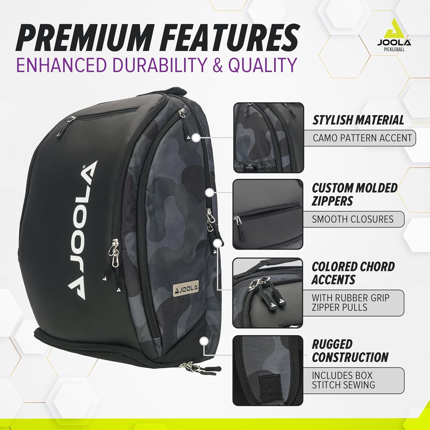 Infographic for the JOOLA Vision Deluxe backpack. Image outlines the product details for this backpack.