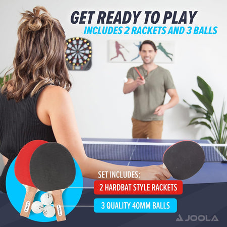 Two people playing table tennis with rackets and balls, promotional text overlay.