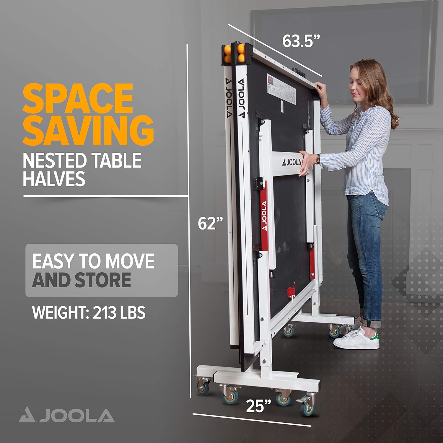 Infographic showing a female model with the folded upright view of the JOOLA rapid play table tennis table. The image shows the size specs.