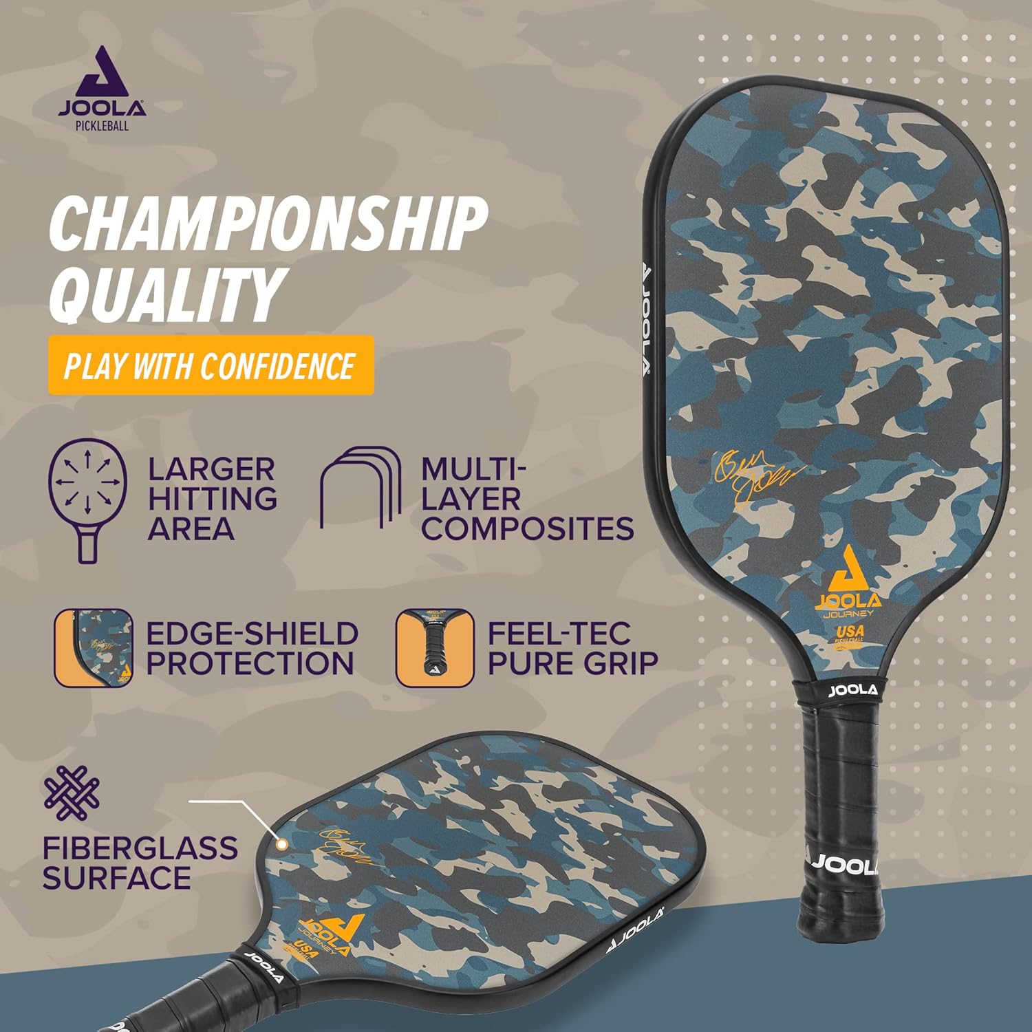 Camouflage pickleball paddle with JOOLA branding and feature text on a gray background