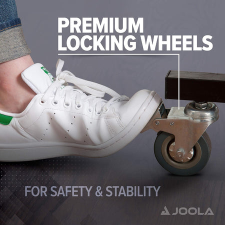 Infographic image showing a foot pressing the safety lock on the wheels of a JOOLA table tennis table.