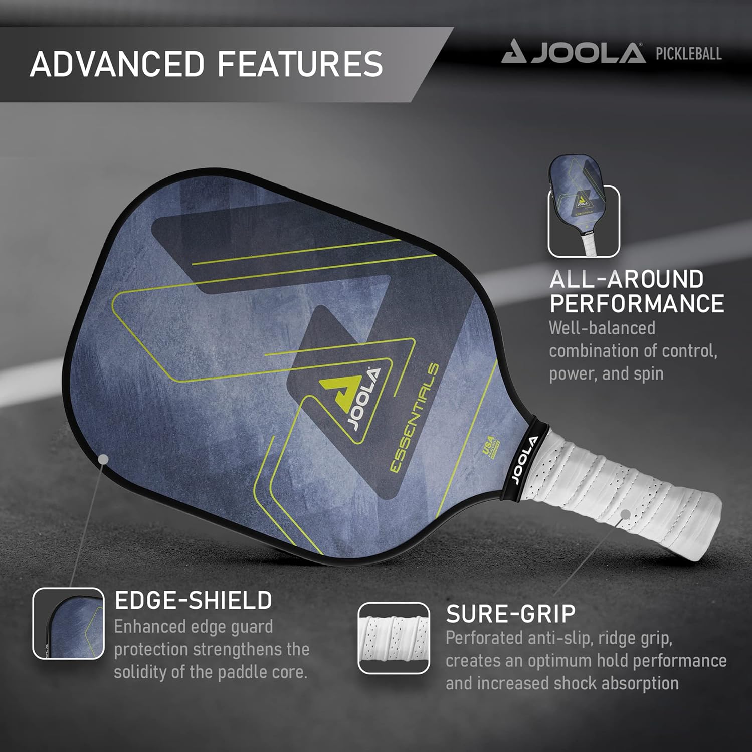 Inforgraphic showing the advanced features of the JOOLA Essentials pickleball paddle.