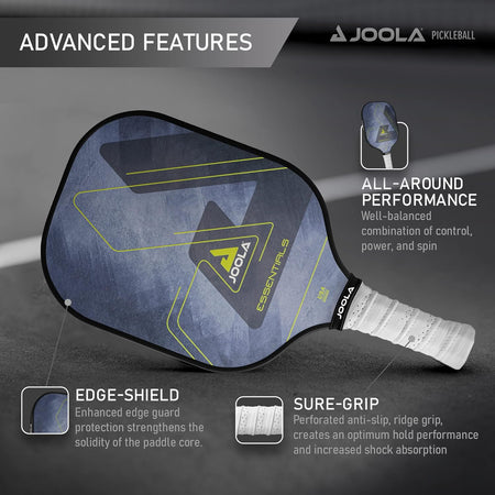 Inforgraphic showing the advanced features of the JOOLA Essentials pickleball paddle.