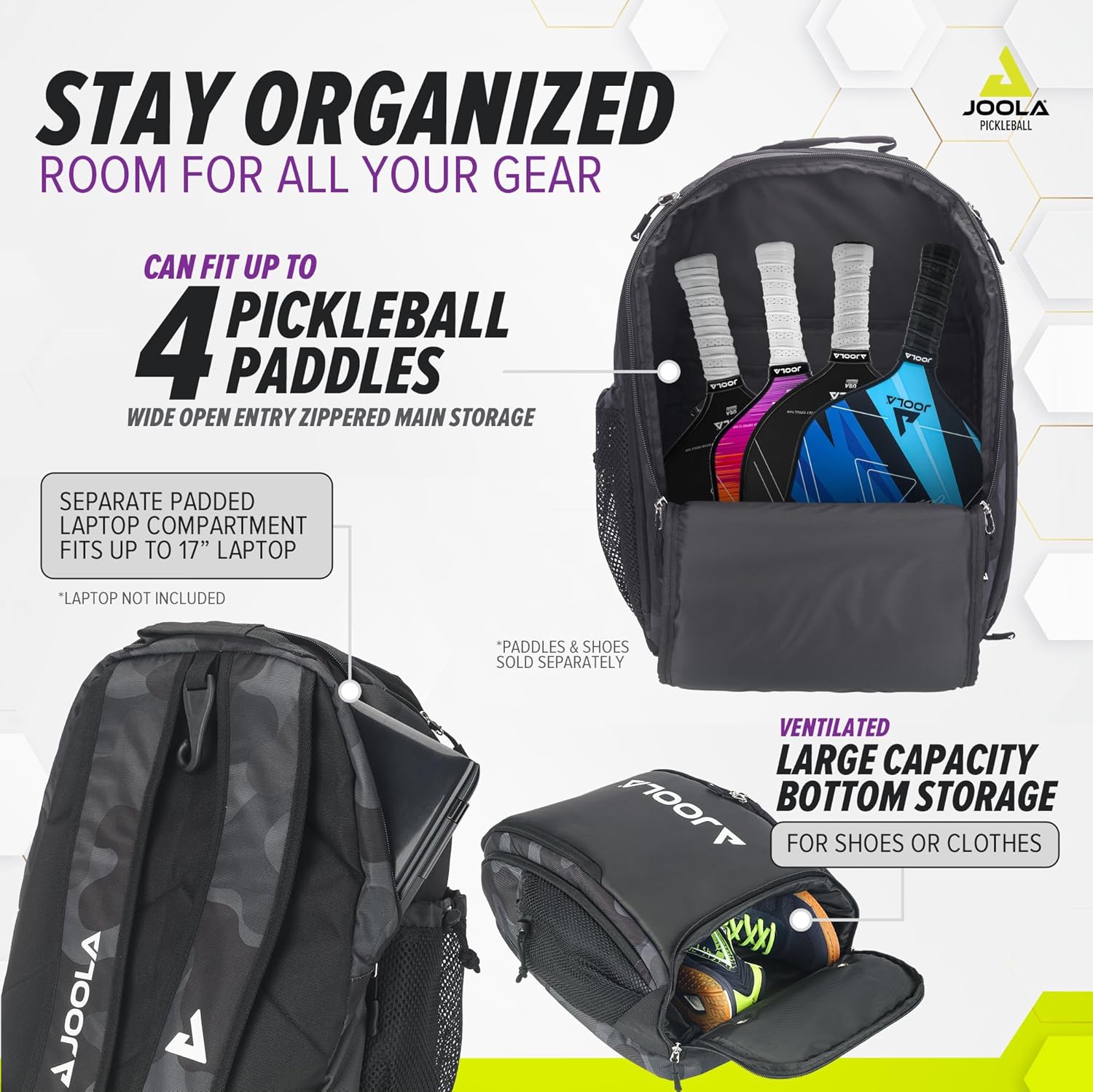 Infographic for the JOOLA Vision Deluxe backpack. Image outlines the product details for this backpack.