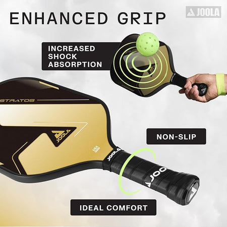 JOOLA Inforgraphic highlighting the non-slip, ideal comfort, and increased shock absorption that comes with the hand of the JOOLA Stratos pickleball paddle.