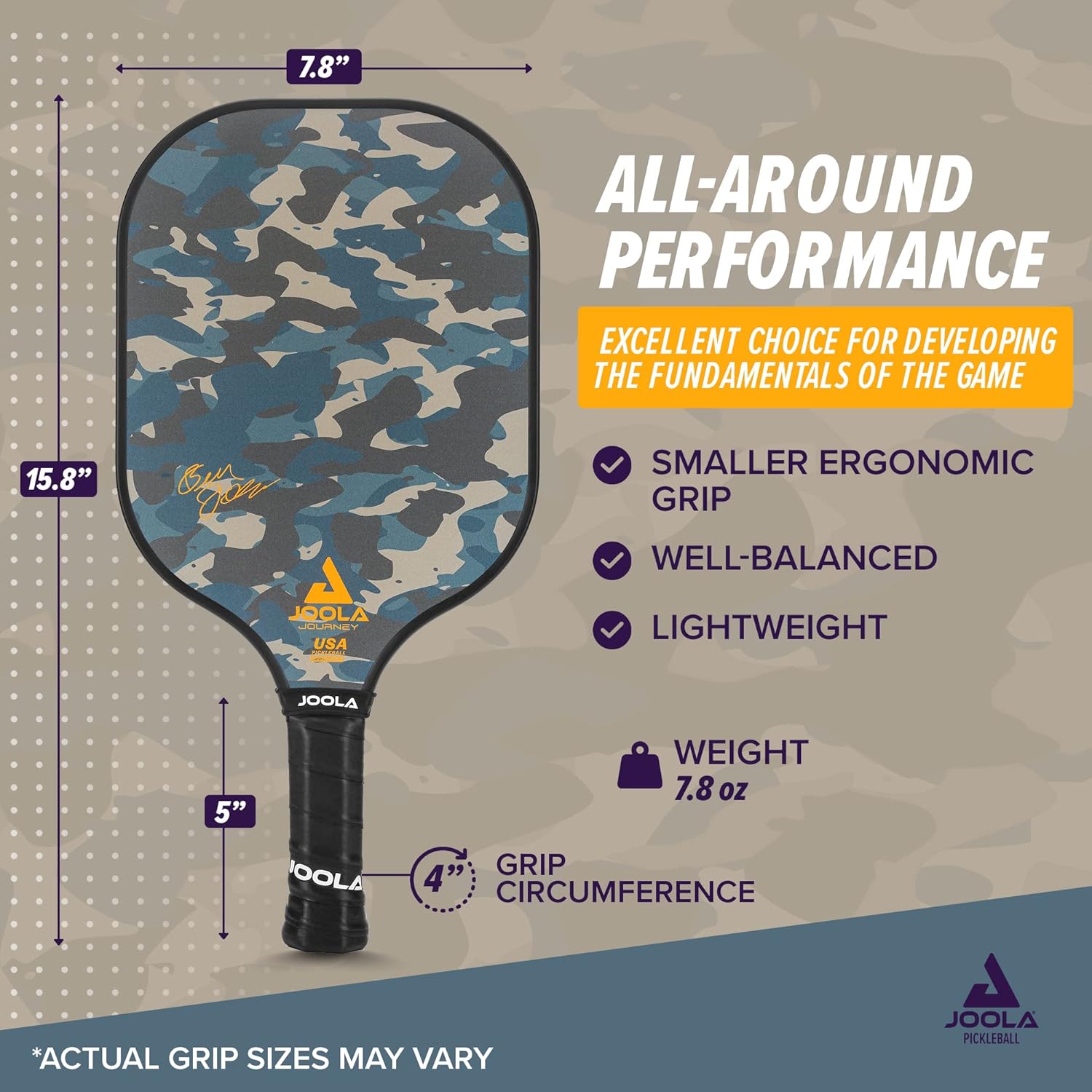 Camouflage pickleball paddle with JOOLA branding and specifications on a gray background