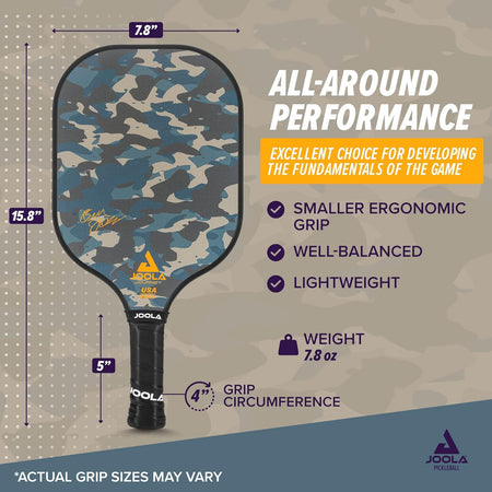 Camouflage pickleball paddle with JOOLA branding and specifications on a gray background