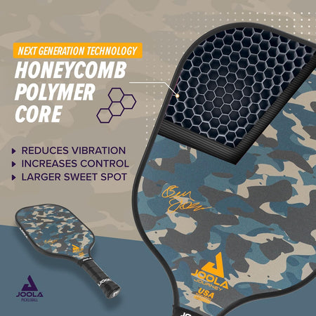 Camouflage pickleball paddle with honeycomb polymer core technology on a gray background.