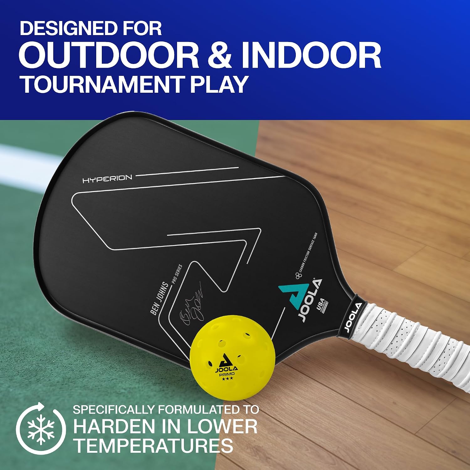 JOOLA Inforgraphic of the JOOLA Primo ball 'Designed for Outdoor & Indoor Tournament Play."