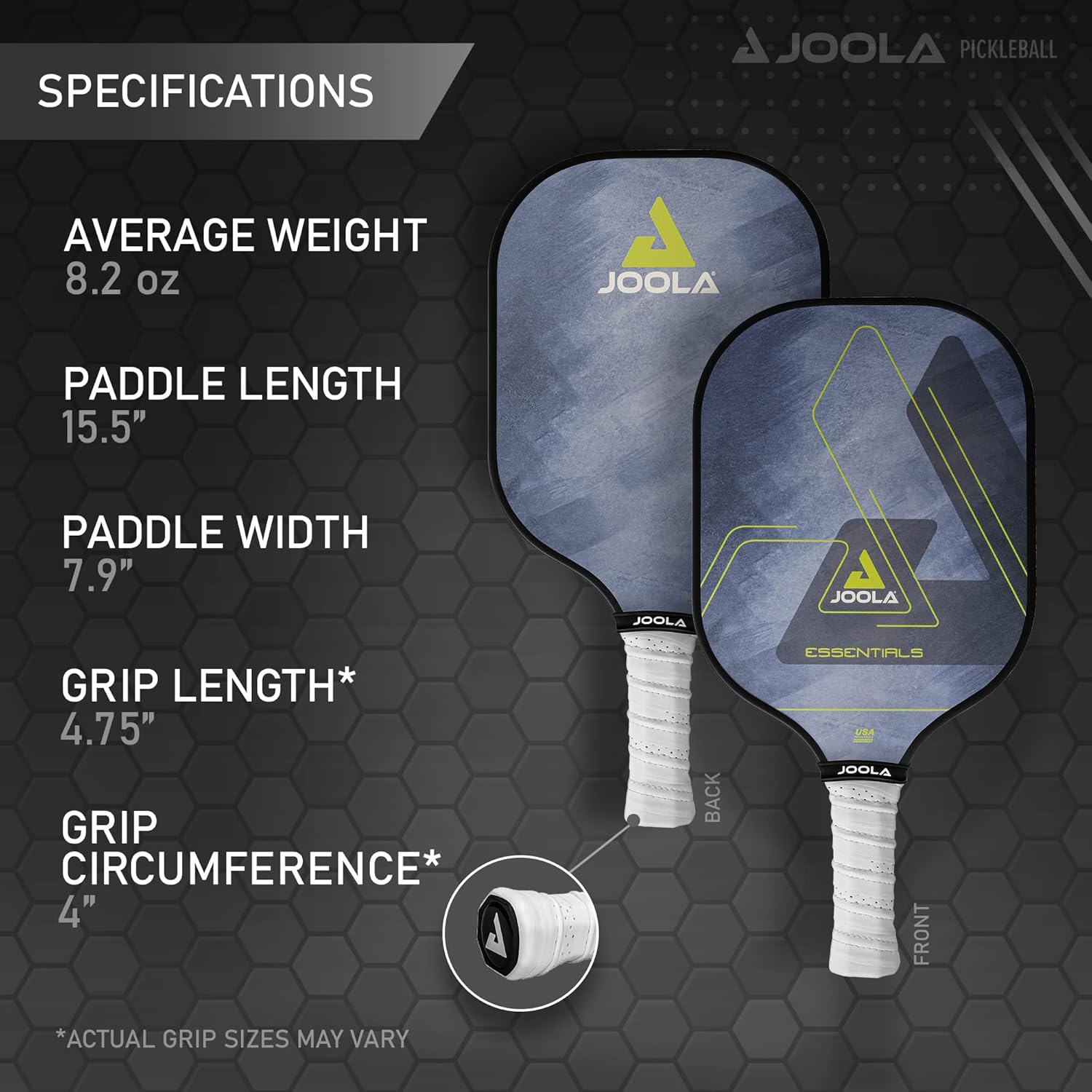 Inforgraphic showing the specs for the Essentials pickleball paddle.