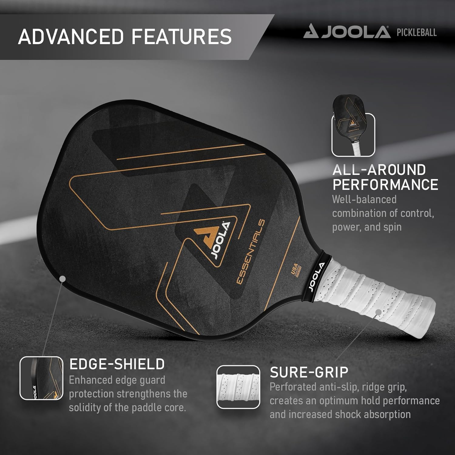 Inforgraphic showing the Advanced Tech Features on the JOOLA Essentials pickleball paddle.