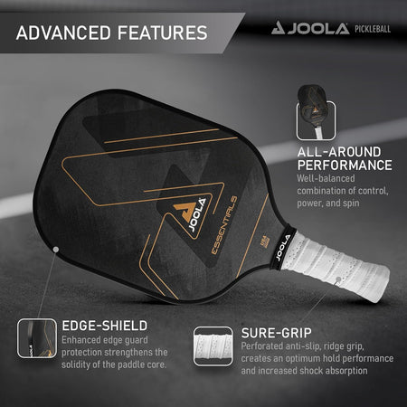 Inforgraphic showing the Advanced Tech Features on the JOOLA Essentials pickleball paddle.