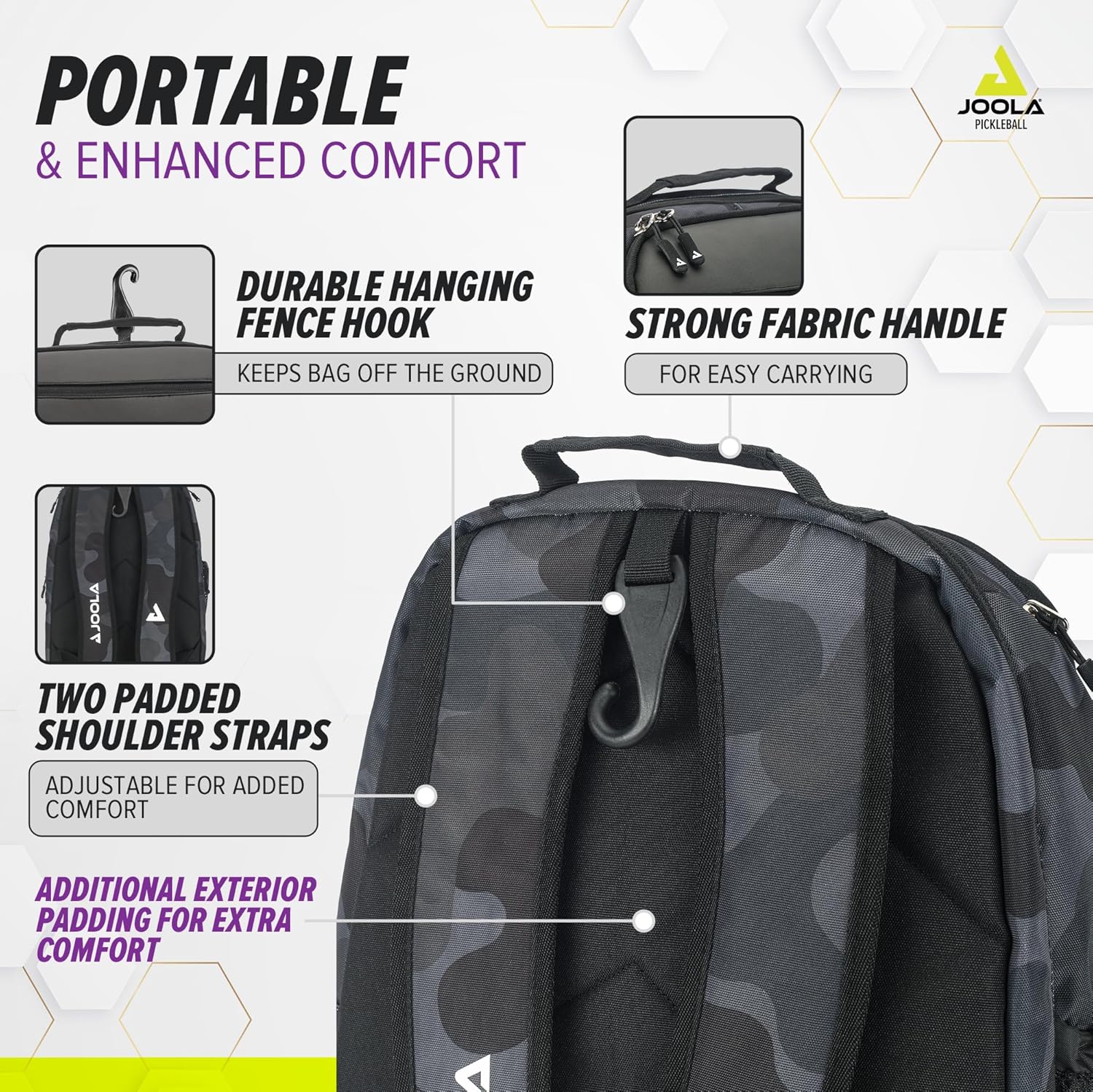 Infographic for the JOOLA Vision Deluxe backpack. Image outlines the product details for this backpack.