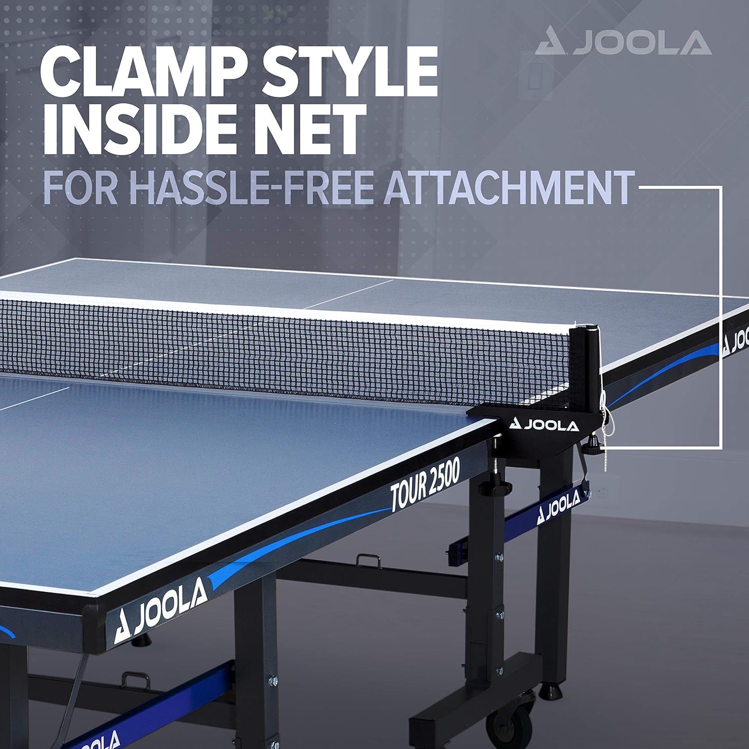 Infographic image showing the JOOLA Tour 2500 table tennis table with hassle-free net and clamp attachment.