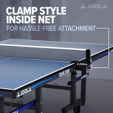 Infographic image showing the JOOLA Tour 2500 table tennis table with hassle-free net and clamp attachment.