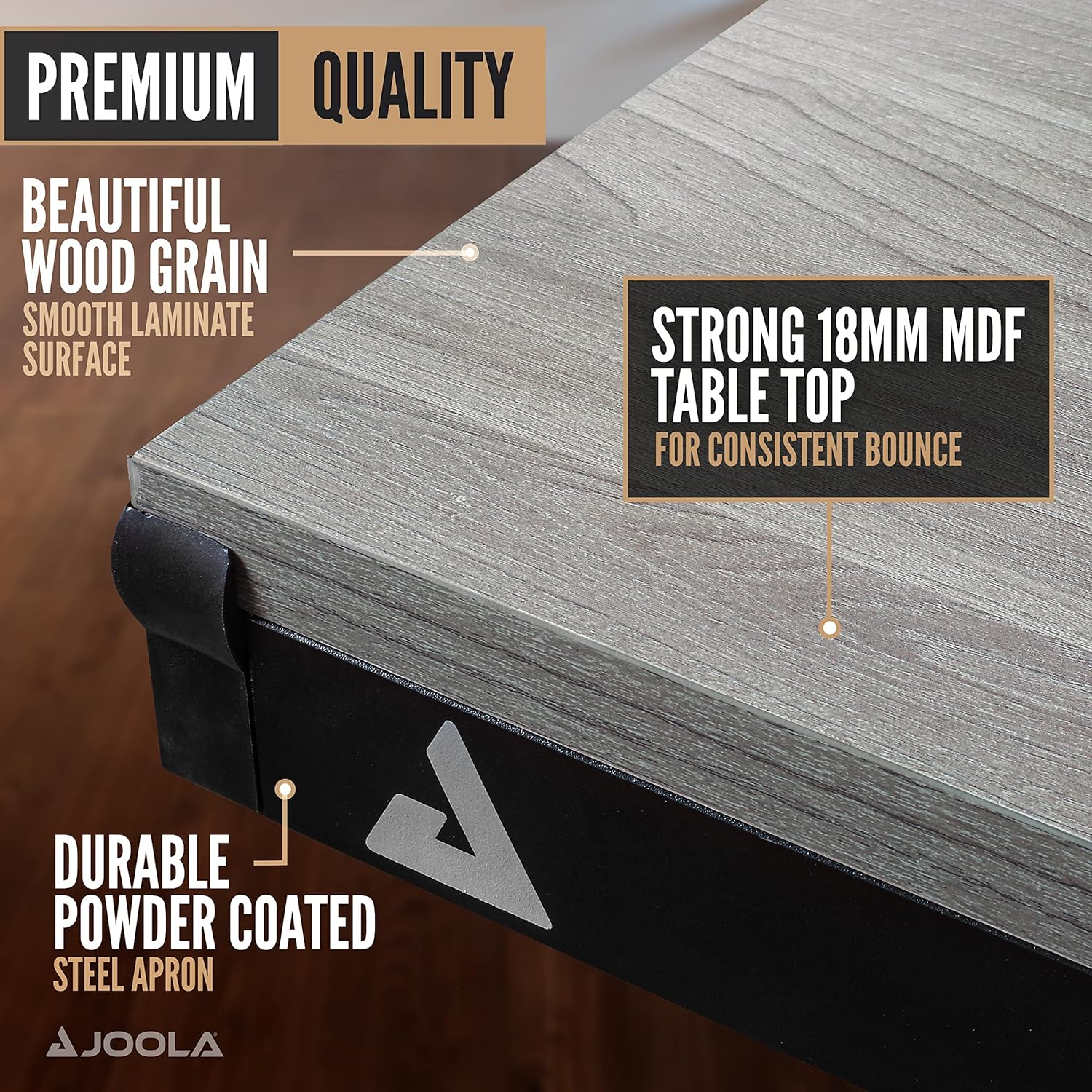 Infographic showing a close up view of the table surface of the JOOLA Berkshire Gray Indoor/Outdoor table tennis table.