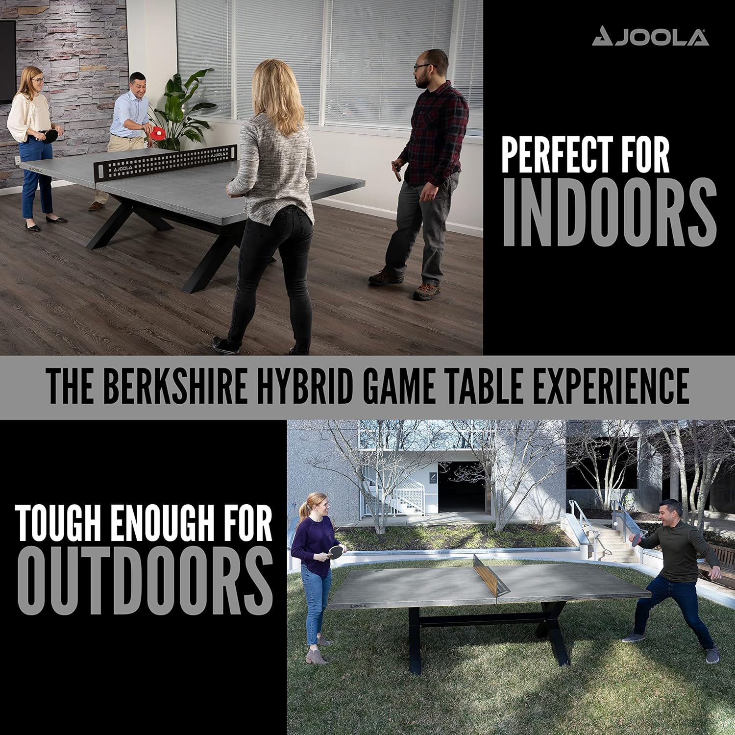 Infographic with images of people playing table tennis indoor and outdoor on the JOOLA Berkshire Gray Indoor/Outdoor table tennis table.